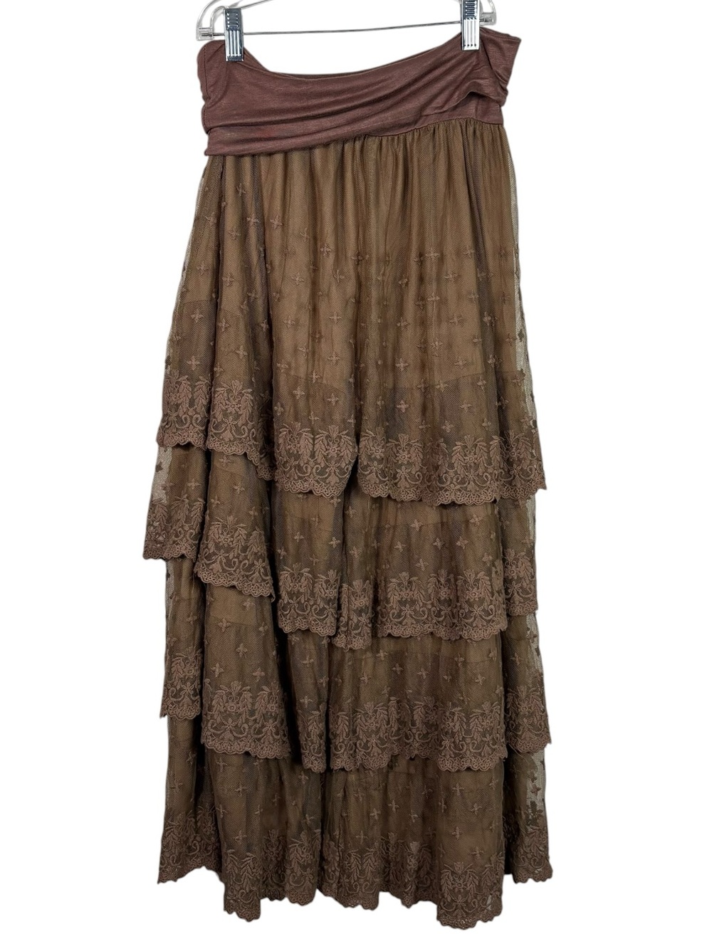 Lady Noiz Brown Lace Scalloped Tiered Foldover Waist Pants Avant Garde Artsy OS
